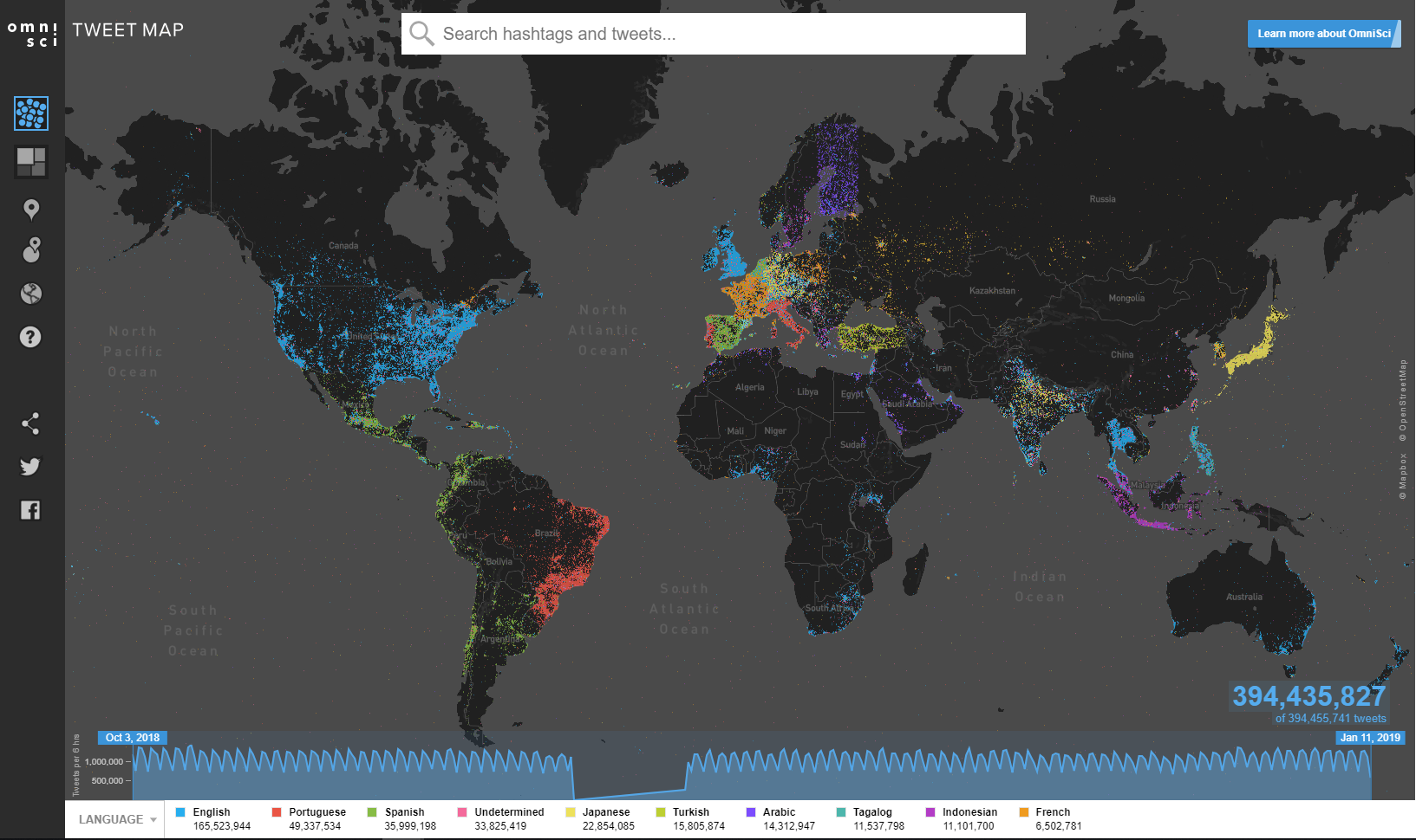 A map depicting the volume of Twitter users across the world